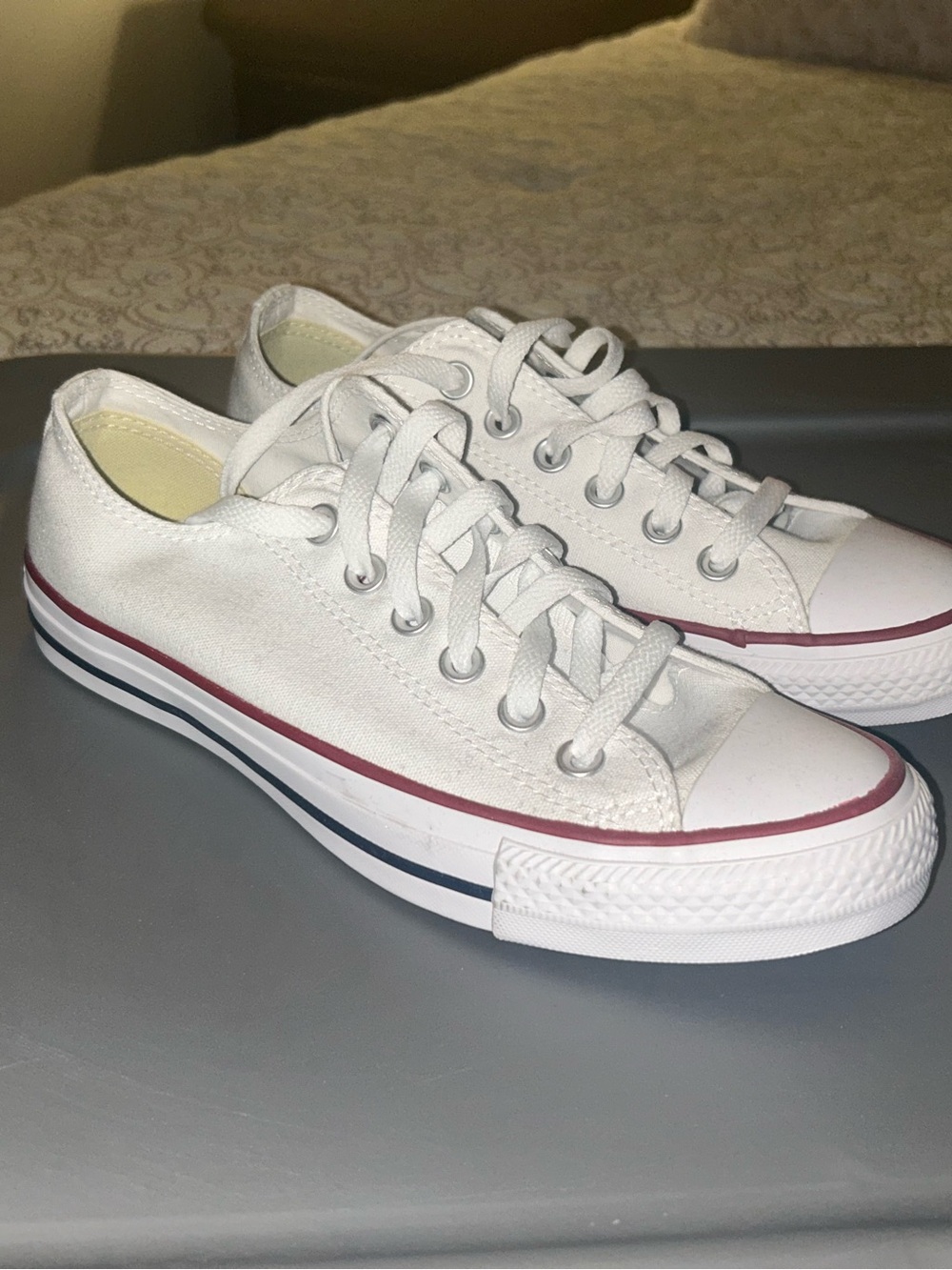 Converse Chucks, White Low-Top Canvas Sneakers with Red & Navy Stripes